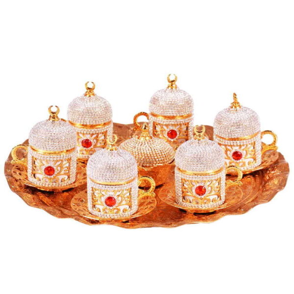 Toptan Kadi̇fe Kutulu 6 Li Taşli Kahve Set Altin